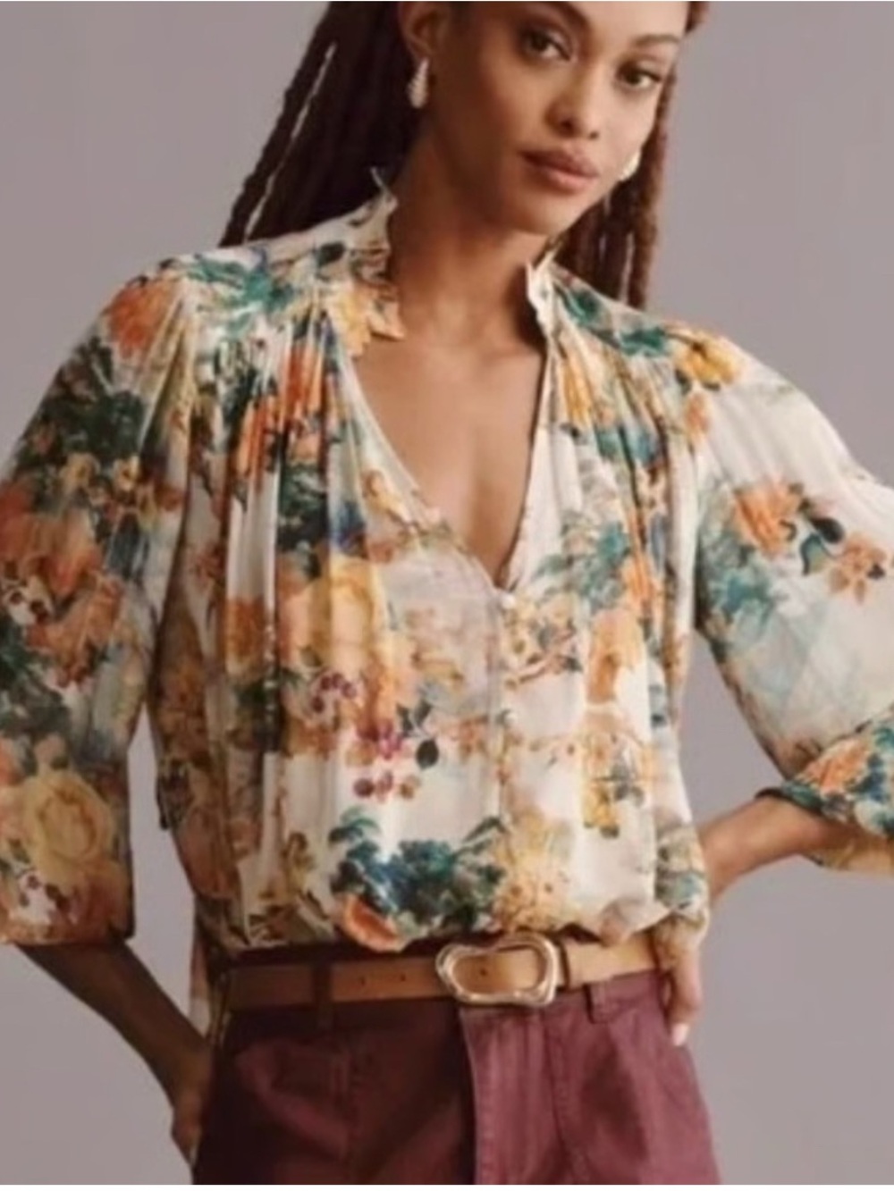 Anthropologie Floral V-Neck Puff Sleeve Blouse - Fall Floral